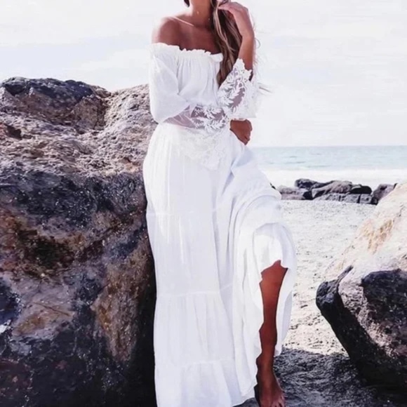 BellanBlue Dresses & Skirts - #43 Boho white off shoulder lace sleeve dress